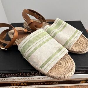 Tory Burch Strapy Espadrilles Striped Green and Tan Sandals